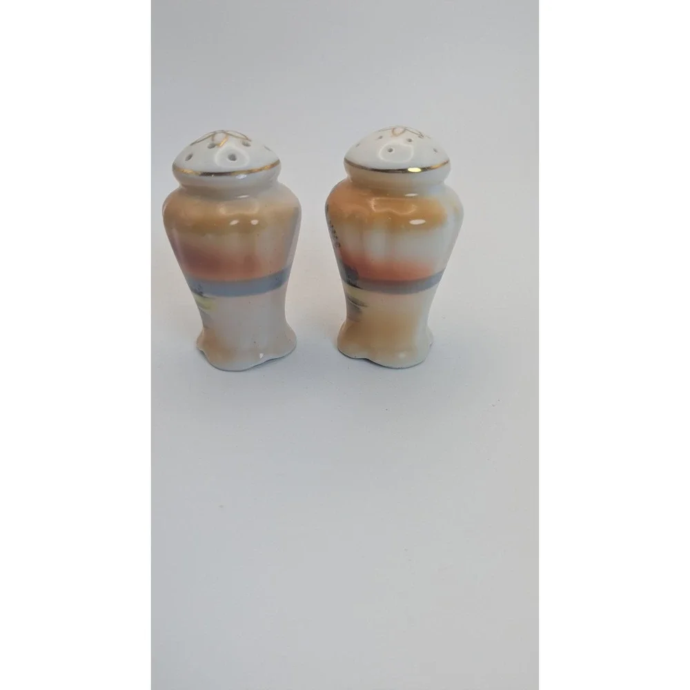 Vintage Japan Porcelain Salt and Pepper Shakers Hand Painted Sunset Landscape 3